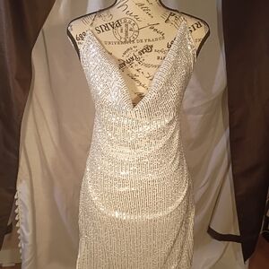 SHEIN Silver Sequin Strapless Cowl Neck Dress